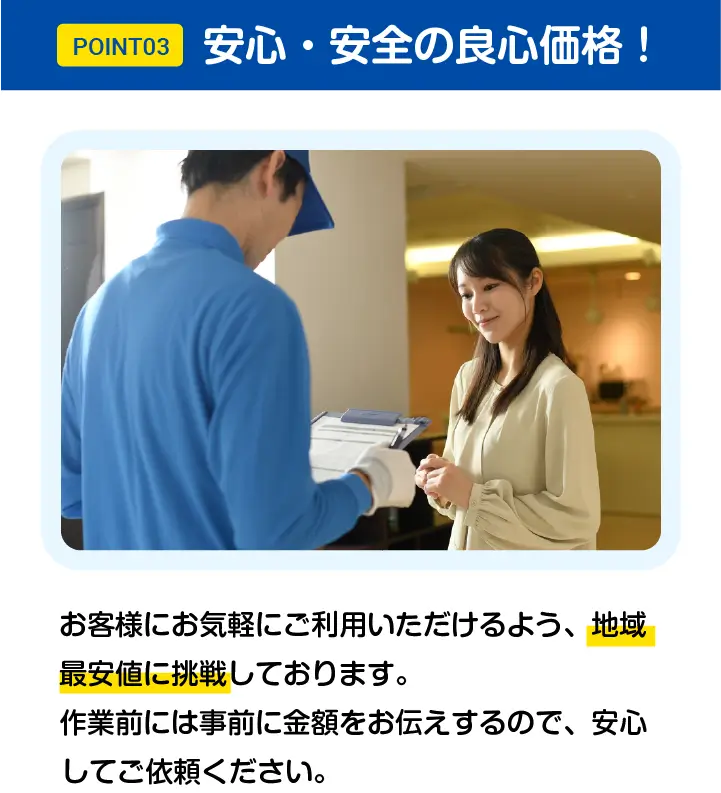 POINT03 - 安心・安全の良心価格！地域最安値に挑戦！作業前に金額をお伝えするので安心してご依頼ください。
